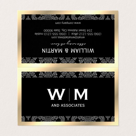 Carte De Visite Executive Monogramme Gold Bordure Damas (Extérieur déplié)