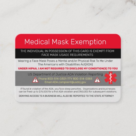 Carte De Visite Exonération de masque Médicale (Devant)