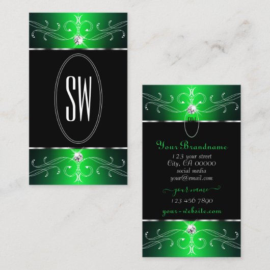 Carte De Visite Exquise Ornat noir vert Ornat Initiales (Devant / Derrière)