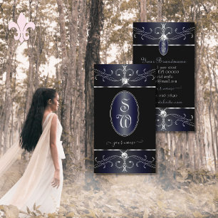 Carte De Visite Exquise Ornement noir et bleu Monogramme