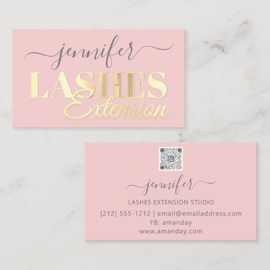 Carte De Visite Extension Lashes de code QR Script doré rose (Devant / Derrière)