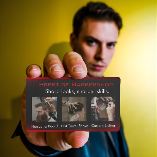 Carte De Visite Eye-Catching Modern Barber in Red Black White