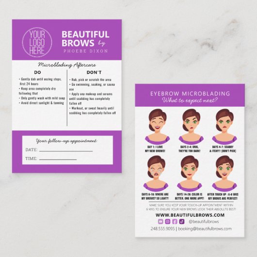 Carte De Visite Eyebrow Microblading Aftercare Quoi attendre Appt (Devant / Derrière)