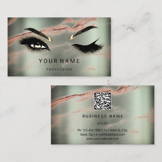 Carte De Visite Eyelash Brows Microblade. Marbre de logo QR CODE T (Devant / Derrière)