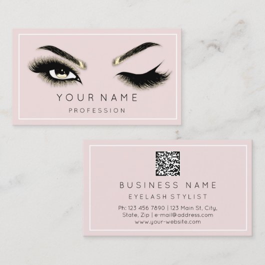Carte De Visite Eyelash Brows Microblade QRCODE rose encadré (Devant / Derrière)