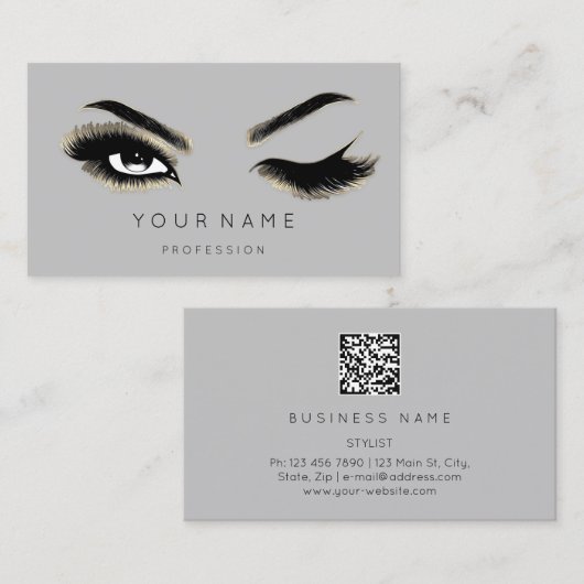 Carte De Visite Eyelash Brows Microbling QRCODE Logo Gold Grey (Devant / Derrière)