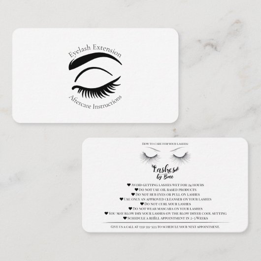Carte De Visite Eyelash Extensions Aftercare Comment s'occuper de (Devant / Derrière)