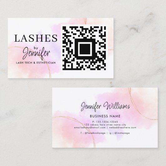 Carte De Visite Eyelash Extensions QR Code Aquarelle Rose Or (Devant / Derrière)