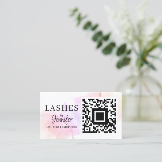 Carte De Visite Eyelash Extensions QR Code Aquarelle Rose Or (Debout devant)