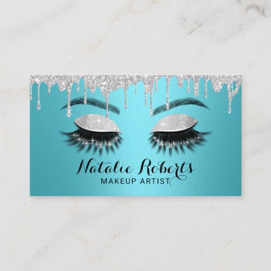 Carte De Visite Eyelash Makeup Artiste Turquoise & Silver Salon (Devant)