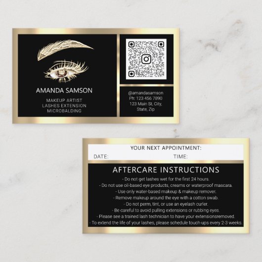 Carte De Visite Eyelash Microblade QR CODE Aftercare Black Gold (Devant / Derrière)