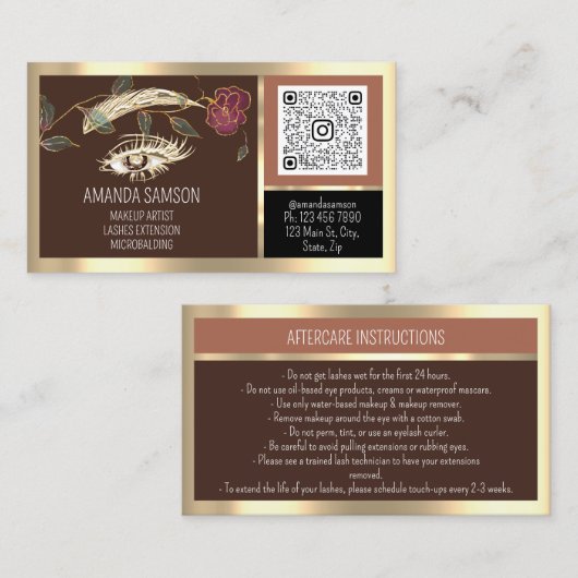 Carte De Visite Eyelash Microblade QRCODE Rose Brown post-soins (Devant / Derrière)