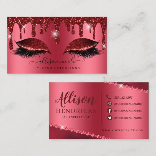 Carte De Visite Eyelash Parties scintillant rouge goutte métalliqu (Devant / Derrière)