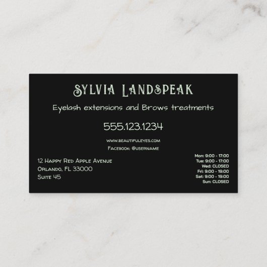 Carte De Visite Eyelashes Parties scintillant verte pour Lash Tech (Dos)