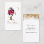 Carte De Visite F Monogram Burgundy Gold et Navy Blue Floral (Devant / Derrière)