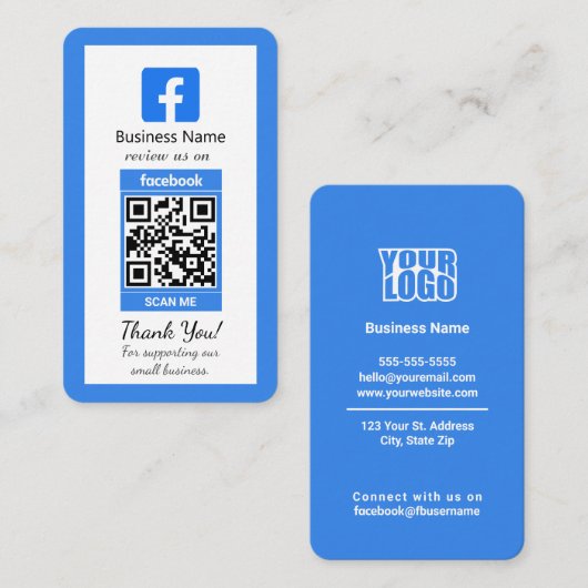 Carte de visite Facebook bleu avec code QR (Devant / Derrière)
