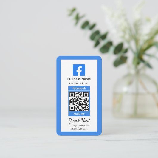 Carte de visite Facebook bleu avec code QR (Debout devant)