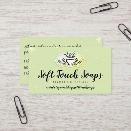 Carte de visite fait main de savon de pilon de (Devant/Arrière en situation)