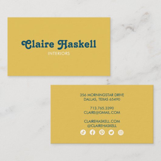 Carte De Visite Fancy Script Mustard Jaune Chic Minimal Social (Devant / Derrière)