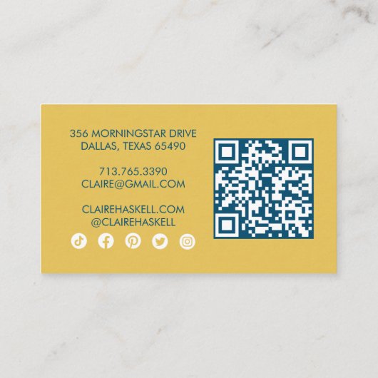 Carte De Visite Fancy Script Mustard Jaune Chic Minimal Social QR (Dos)