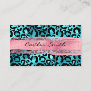 Carte De Visite Faux Aqua Bleu Pailleté Léopard Rose Coup de Pince