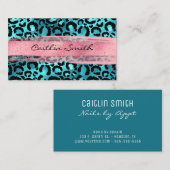 Carte De Visite Faux Aqua Blue Foil Léopard rose Brush Stroke (Devant / Derrière)