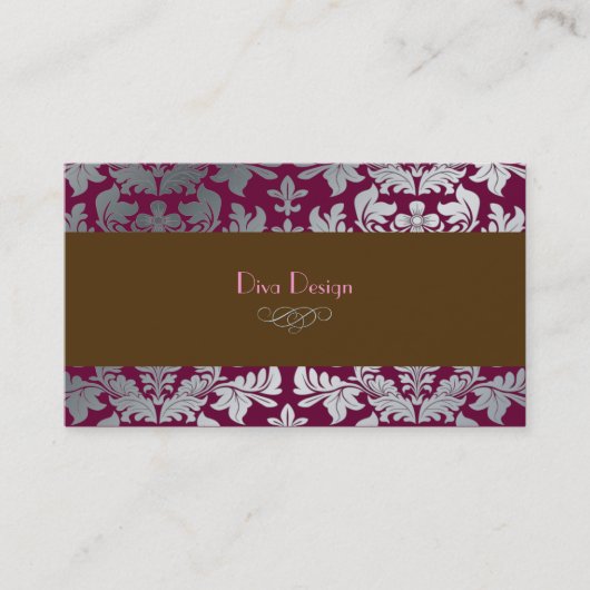 Carte De Visite Faux argent baroque damask en merlot + chocolat (Devant)