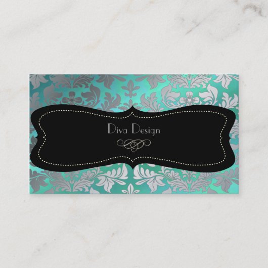 Carte De Visite Faux argent baroque damask /noir/turquoise (Devant)