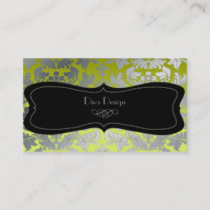 Carte De Visite Faux argent baroque damask /noir/vert citron