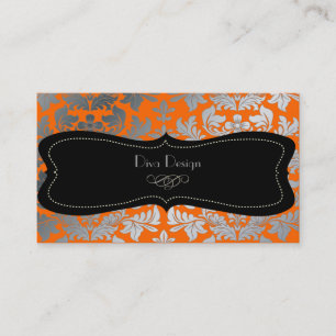 Carte De Visite Faux argent baroque damassé orange/noir
