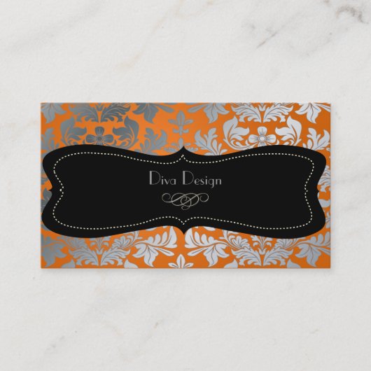 Carte De Visite Faux argent baroque damassé orange/noir (Devant)
