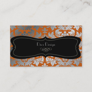 Carte De Visite Faux argent baroque damassé orange/noir