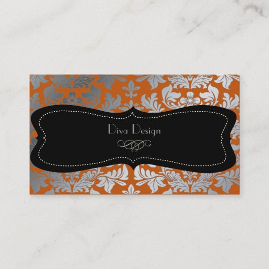 Carte De Visite Faux argent baroque damassé orange/noir (Devant)