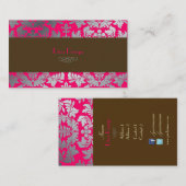 Carte De Visite Faux argent baroque damassé rose chaud + chocolat (Devant / Derrière)