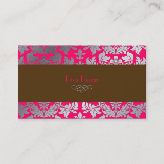 Carte De Visite Faux argent baroque damassé rose chaud + chocolat (Devant)