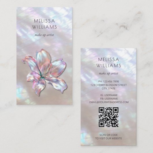 Carte De Visite FAUX Code Qr Holographique Iridescent Lily (Devant / Derrière)