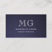 Carte De Visite Faux cuir Code QR Monogramme Bleu foncé et Blanc (Devant)