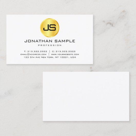 Carte De Visite Faux Gold Blanc Moderne Élégant Modèle Monogramme (Devant / Derrière)
