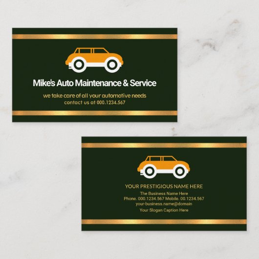 Carte De Visite Faux Gold Borders Emerald Green Automobile Garage (Devant / Derrière)