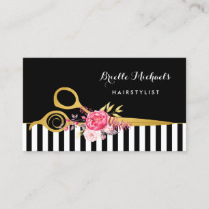 Carte De Visite Faux Gold Ciseaux Stripes Rose Floral Coiffeur Sal
