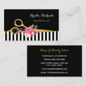 Carte De Visite Faux Gold Ciseaux Stripes Rose Floral Coiffeur Sal (Devant / Derrière)