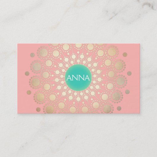 Carte De Visite Faux Gold Foil Circle Motif Rose et Turquoise (Devant)