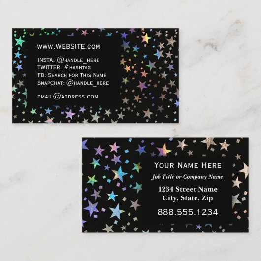Carte De Visite Faux Holographic Rainbow Stars Professional Black (Devant / Derrière)