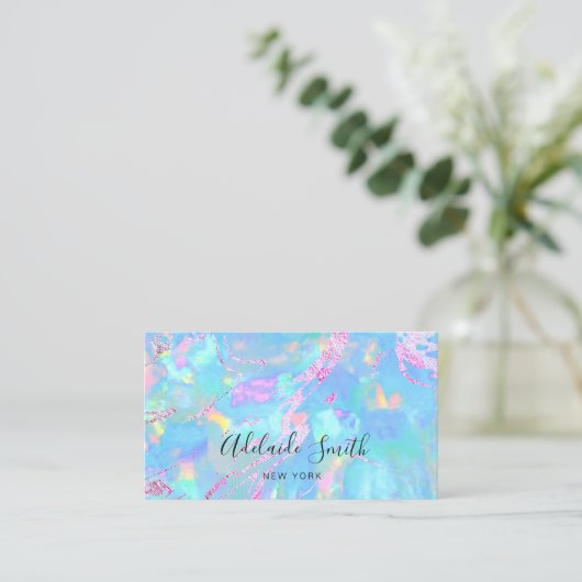 Carte De Visite FAUX holographique opal rose turquoise (Debout devant)