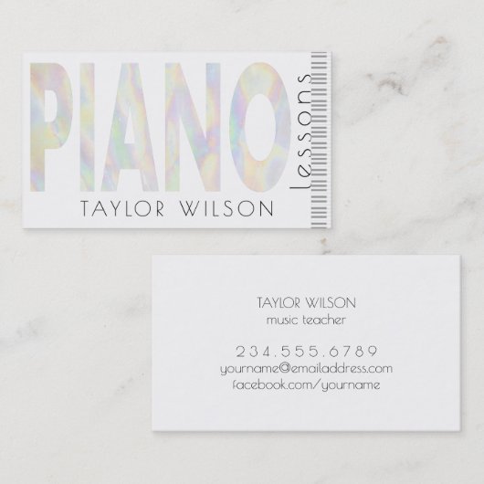 Carte De Visite FAUX iridescente script de piano professeur de mus (Devant / Derrière)
