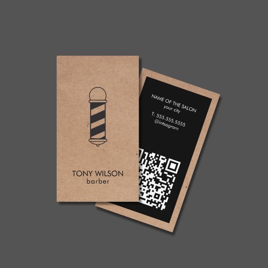 Carte De Visite Faux Kraft Black QR Code Barber Poteau Salon