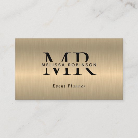Carte De Visite Faux Or Métal Brossé Noir Monogramme Code QR (Devant)