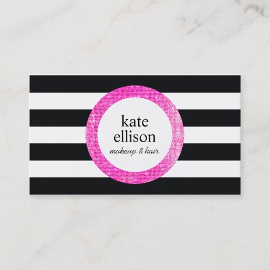 Carte De Visite Faux Pink Sequin Noir et Blanc Striped Beauté (Devant)