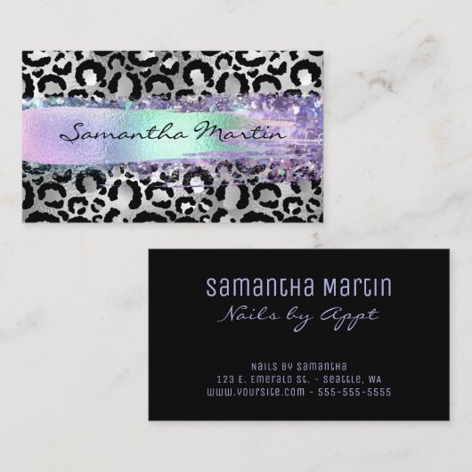 Carte De Visite Faux Silver Foil Leopard Iridescente Brush Strot (Devant / Derrière)