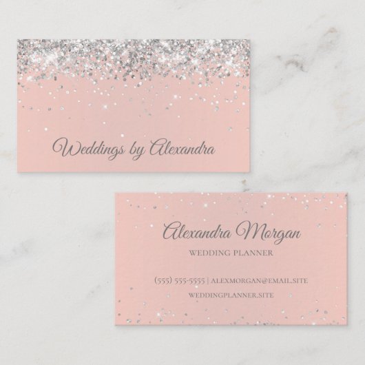 Carte De Visite Faux Sparkly Silver Parties scintillant Blush (Devant / Derrière)